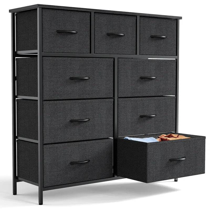 【Spring Sale】Sweetfurniture Dresser, Dresser for Bedroom, Storage Drawers, Tall Dresser Fabric Storage Tower with 9 Drawers, Chest of Drawers with Fabric Bins, Steel Frame, Wooden Top for Kid Room, Closet, Entryway, Nursery