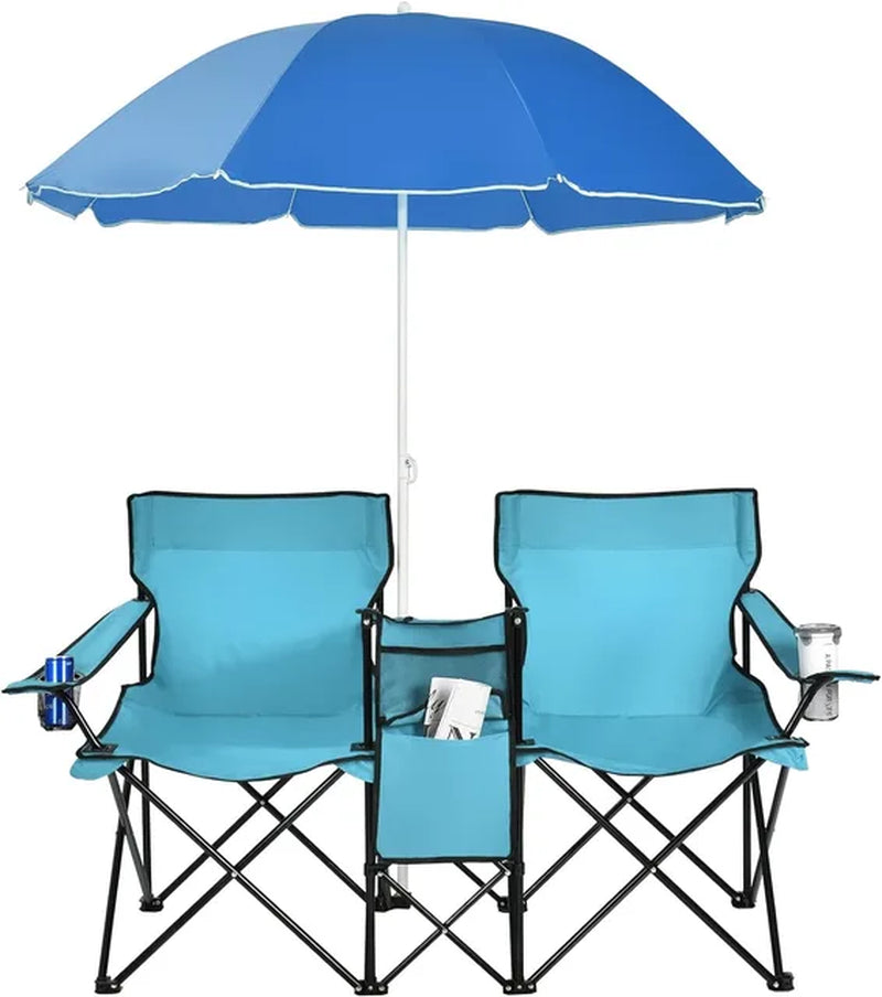 Portable Folding Picnic Double Chair W/Umbrella Table Cooler Beach Camping Chair for Patio Pool Park Outdoor