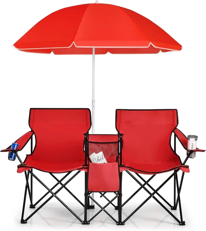 Portable Folding Picnic Double Chair W/Umbrella Table Cooler Beach Camping Chair for Patio Pool Park Outdoor